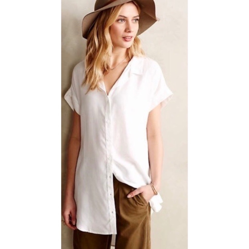 Anthropologie CLOTH & STONE White Luna Button Down Tunic Top Long ~ Small